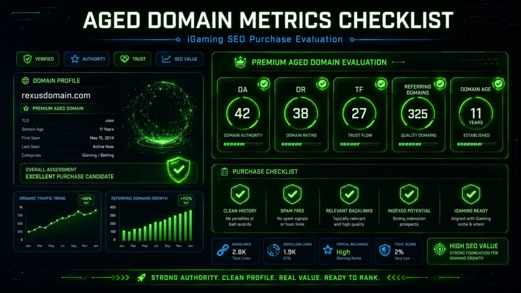 Aged domain metrics checklist showing DA DR TF referring domains for iGaming SEO purchase evaluation