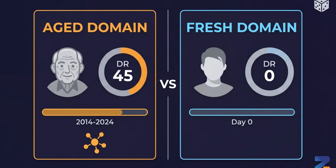 Split comparison of aged domain vs fresh domain metrics for iGaming SEO affiliate strategy