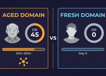 Split comparison of aged domain vs fresh domain metrics for iGaming SEO affiliate strategy