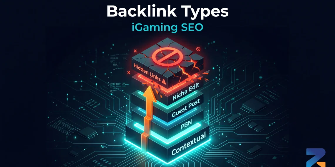 Backlink types for iGaming SEO — contextual, PBN, guest post, niche edit, and hidden CSS links explained