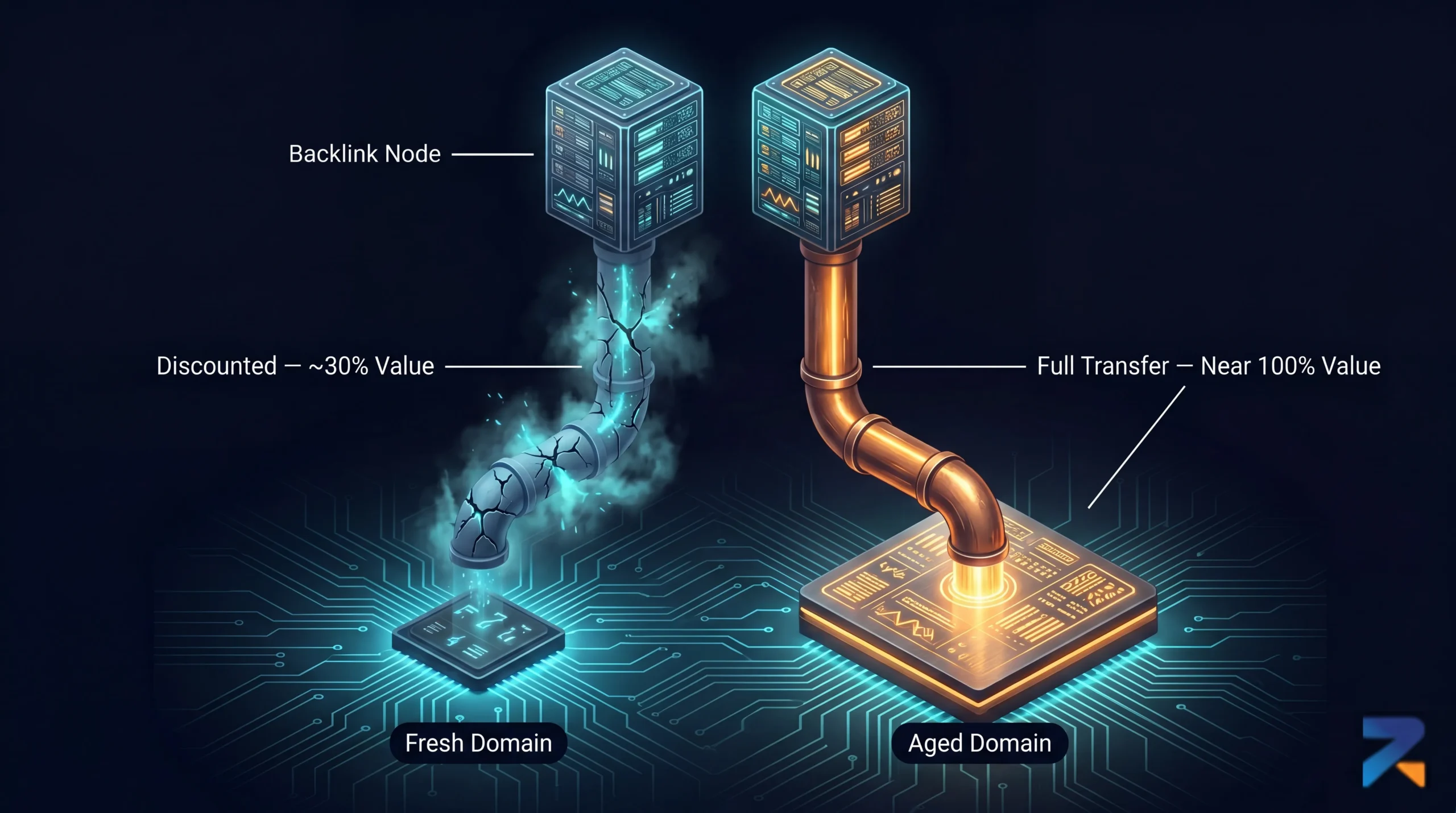 Link equity flow comparison — full value on aged domain versus discounted transfer on fresh domain in iGaming
