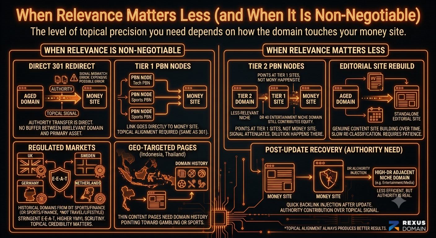 Chart showing when topical relevance matters less versus when it is non-negotiable for an aged domain