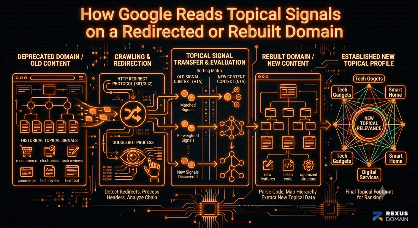 Illustration of how Google reads topical signals on a redirected or rebuilt domain