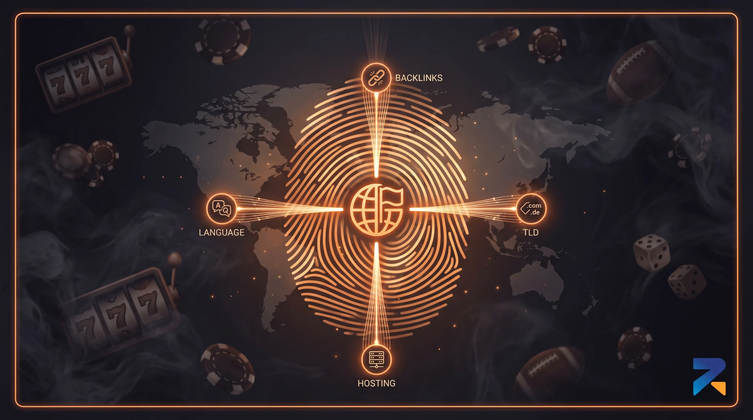 Illustration of an aged domain carrying a glowing orange geographic fingerprint built from backlinks, language, TLD, and hosting signals.