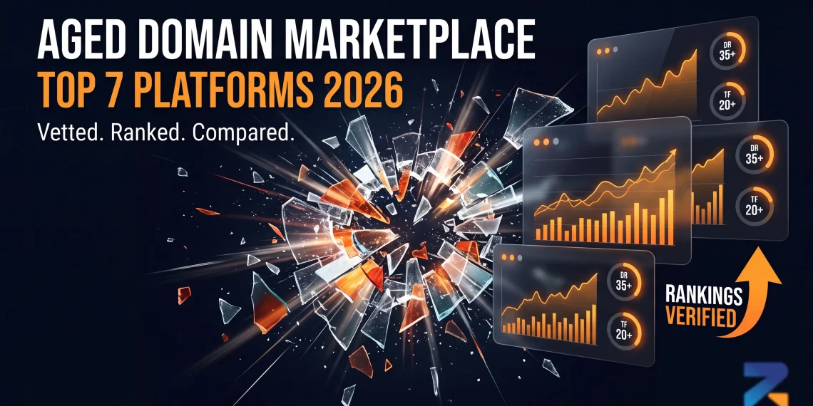 Comparison of the top 7 best aged domain marketplace platforms in 2026 with SEO analytics dashboard