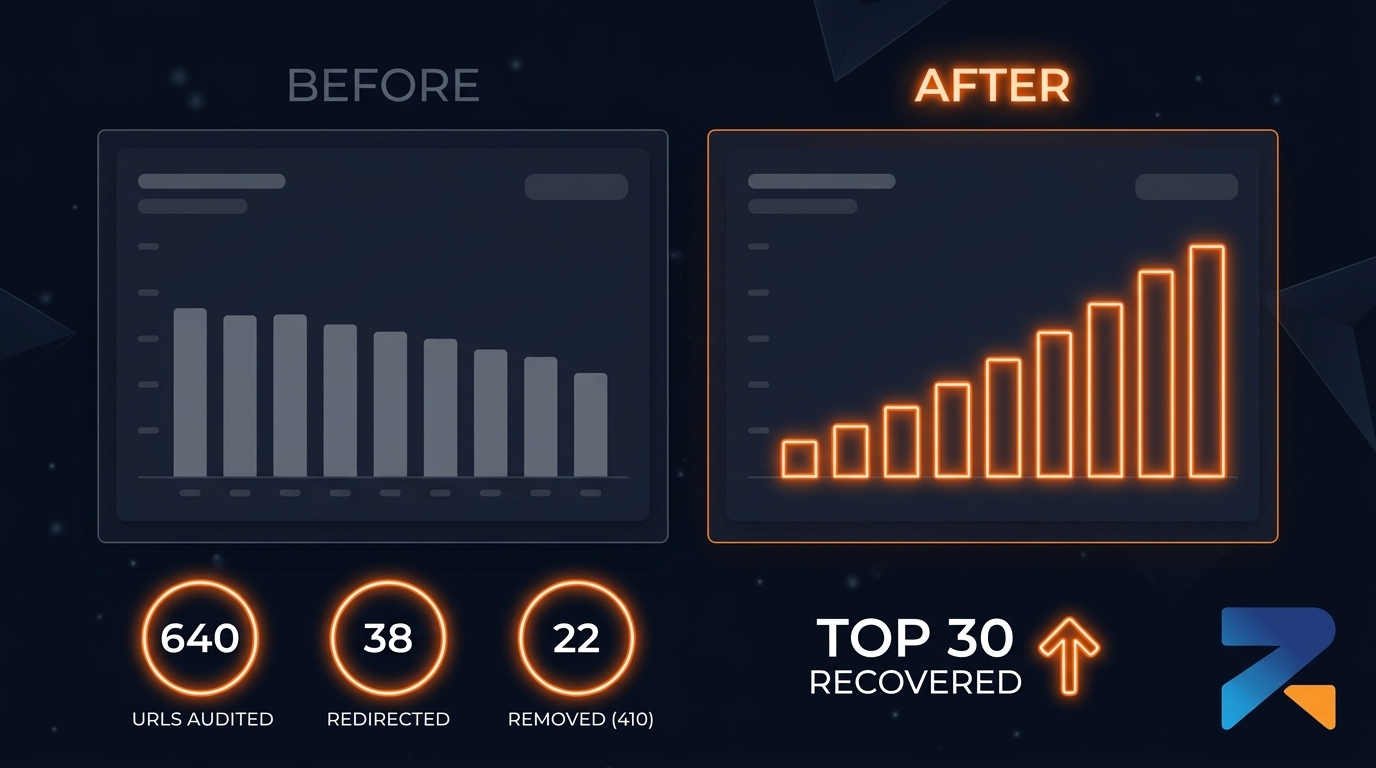 Aged domain ranking recovery after 404 cleanup — before and after Search Console comparison