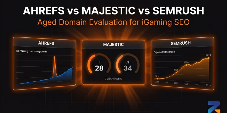 Ahrefs vs Majestic vs SEMrush comparison for aged domain evaluation in iGaming SEO