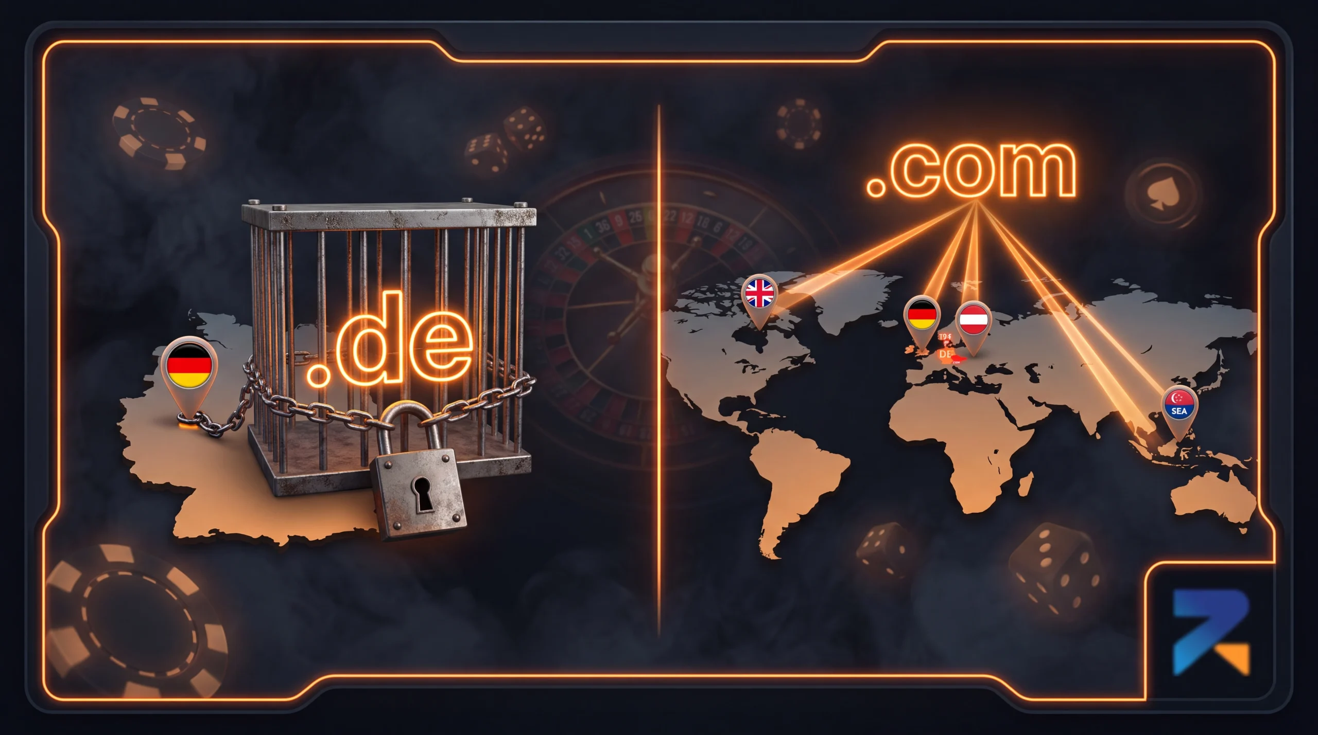 Split visual comparing a locked ccTLD domain against a flexible gTLD domain, with orange neon accents on a dark background.