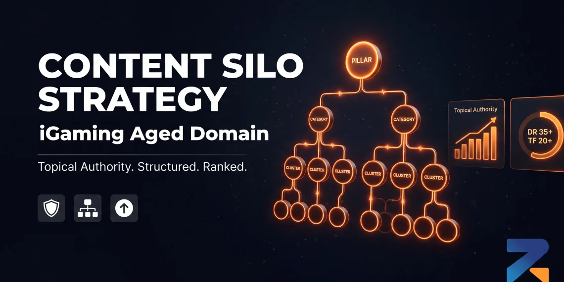 iGaming content silo strategy built on aged domain — site architecture diagram showing topical authority structure