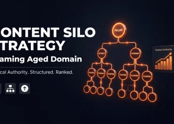 iGaming content silo strategy built on aged domain — site architecture diagram showing topical authority structure