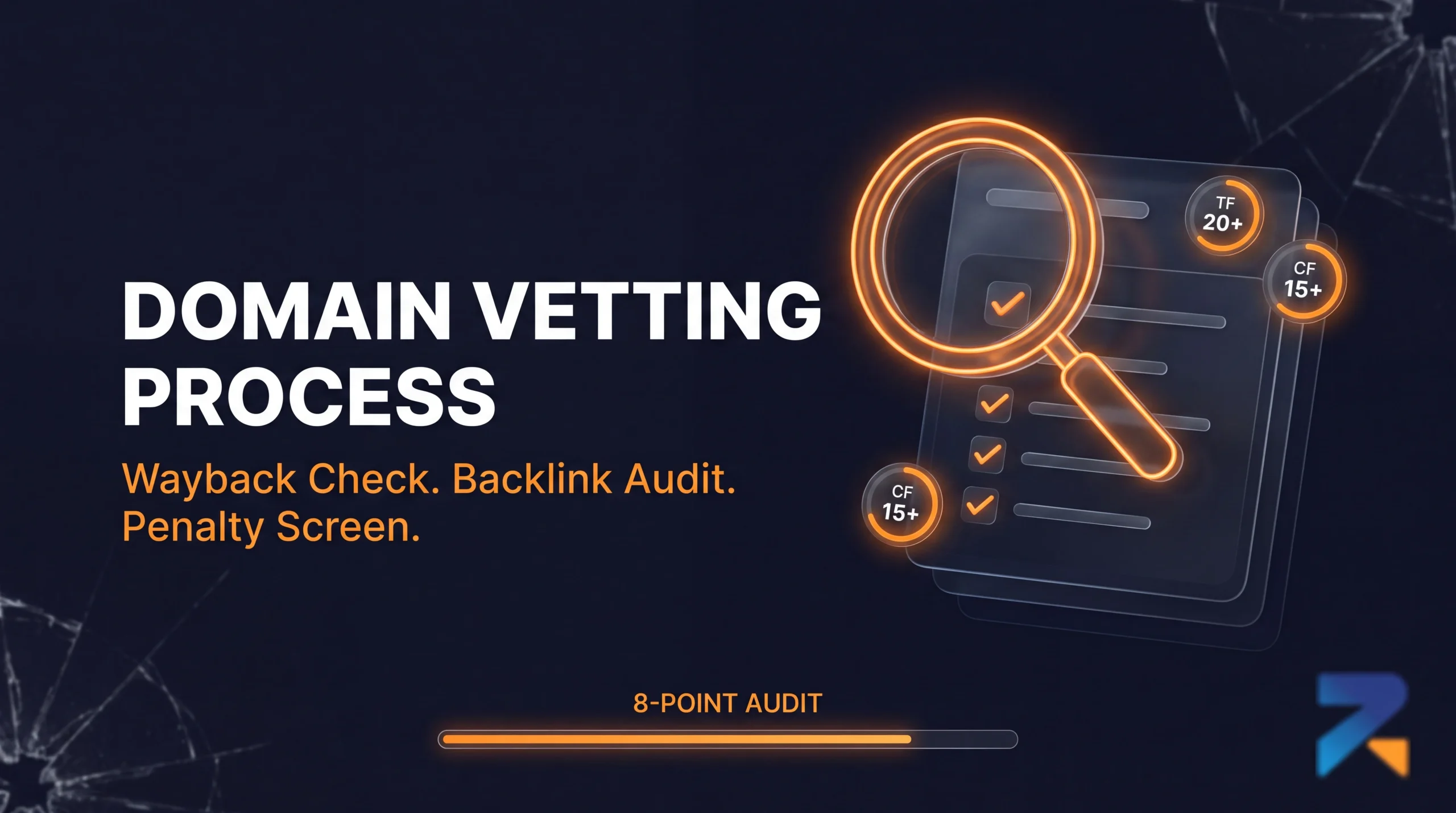 Illustration of the aged domain vetting process including Wayback Machine, backlink audit, and Trust Flow