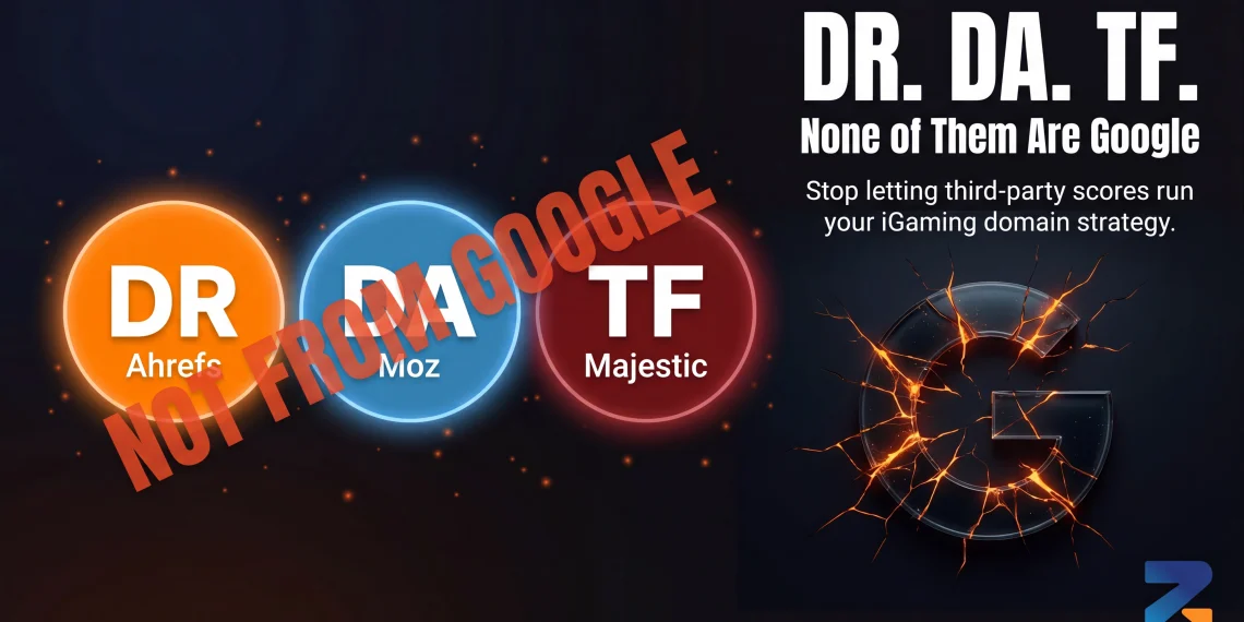 DR vs DA vs TF comparison for iGaming aged domain evaluation — third-party metrics vs real Google signals