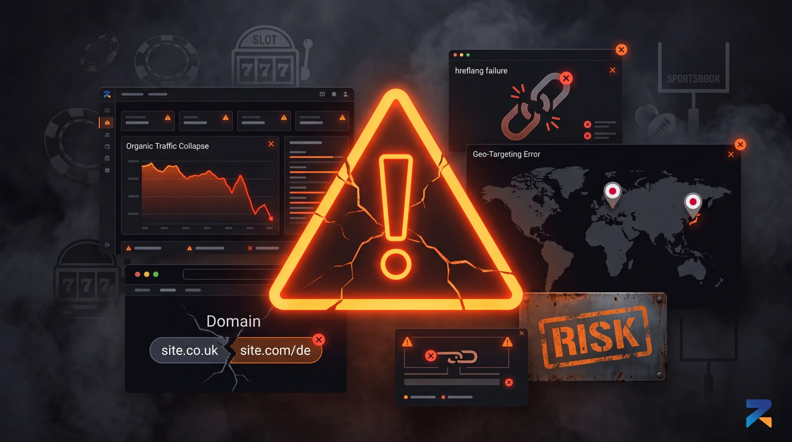 Warning-themed graphic showing geo-targeting mistakes on aged domains with glowing orange alert icons over a dark dashboard.