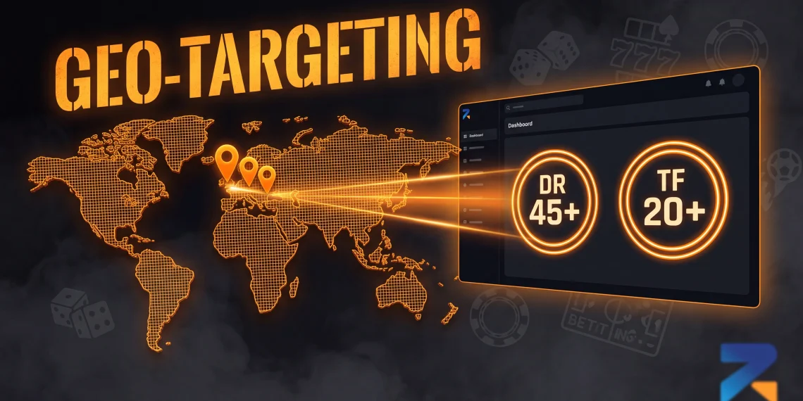 Dark iGaming SEO banner showing a glowing orange world map with country geo-targeting signals connecting to an aged domain dashboard.