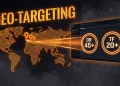 Dark iGaming SEO banner showing a glowing orange world map with country geo-targeting signals connecting to an aged domain dashboard.