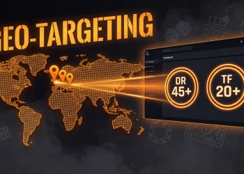Dark iGaming SEO banner showing a glowing orange world map with country geo-targeting signals connecting to an aged domain dashboard.