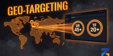 Dark iGaming SEO banner showing a glowing orange world map with country geo-targeting signals connecting to an aged domain dashboard.