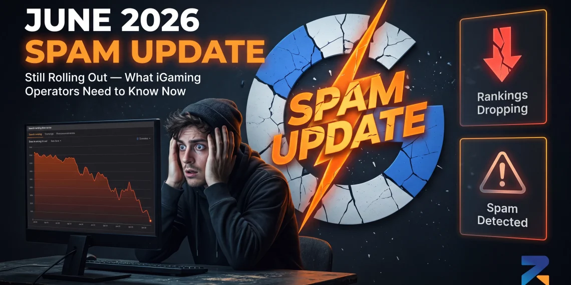 Google June 2026 spam update impact on iGaming SEO — operator stressed holding head as rankings drop during active rollout