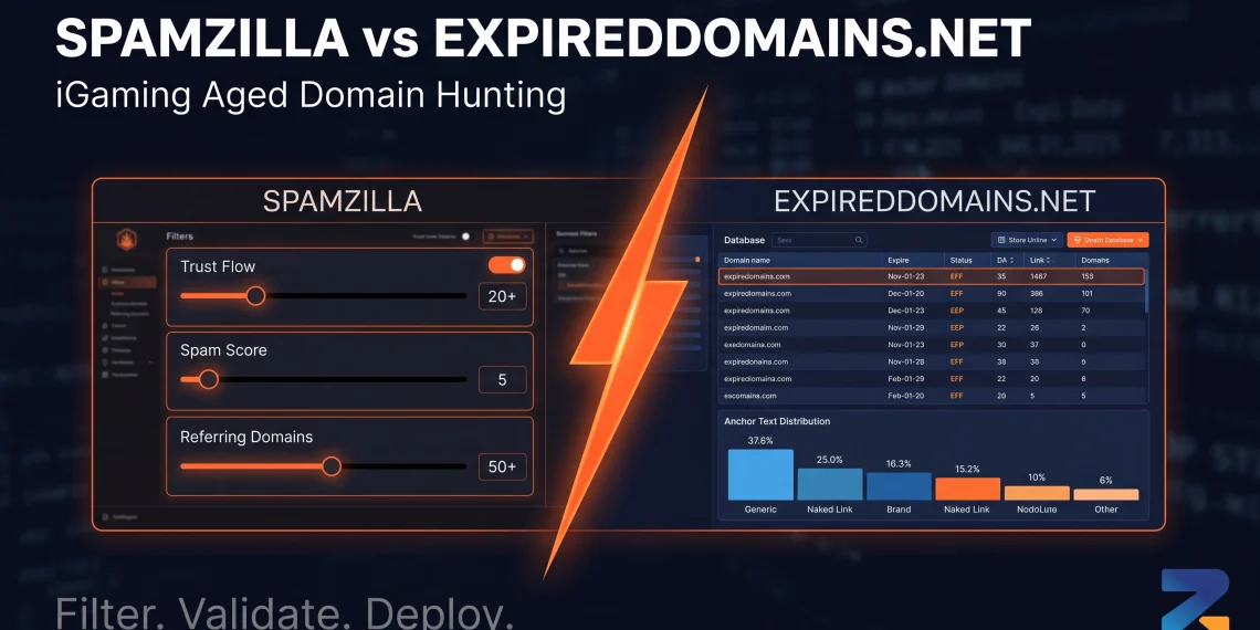 Spamzilla vs ExpiredDomains.net comparison for iGaming aged domain hunting — tool interface side by side with domain quality filter metrics