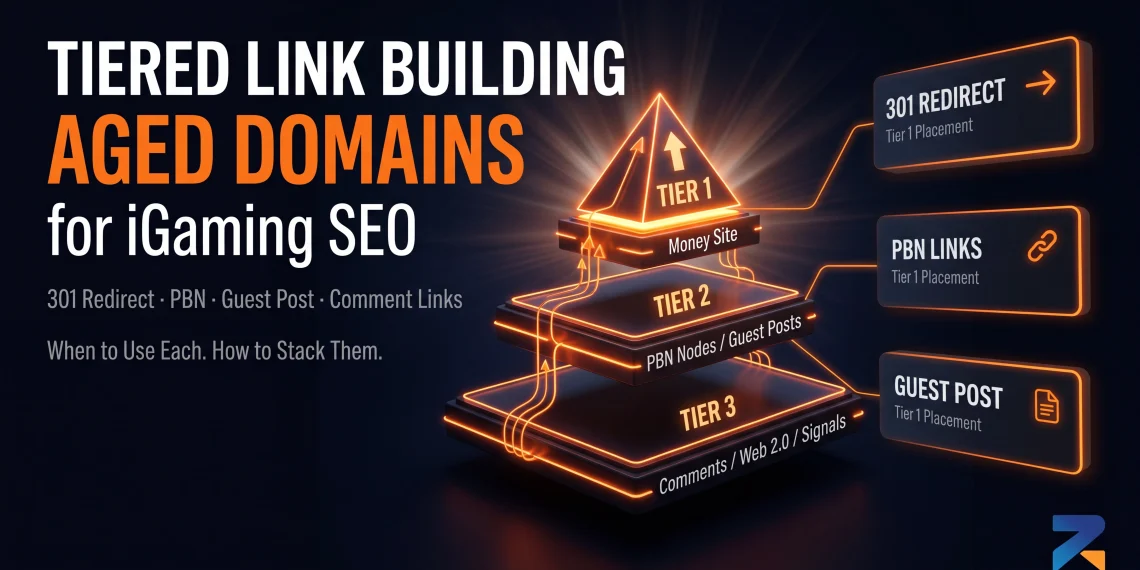 Tiered link building strategy using aged domains for iGaming SEO — tier 1, tier 2, tier 3 decision framework with backlink type breakdown