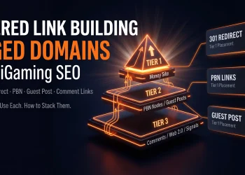 Tiered link building strategy using aged domains for iGaming SEO — tier 1, tier 2, tier 3 decision framework with backlink type breakdown