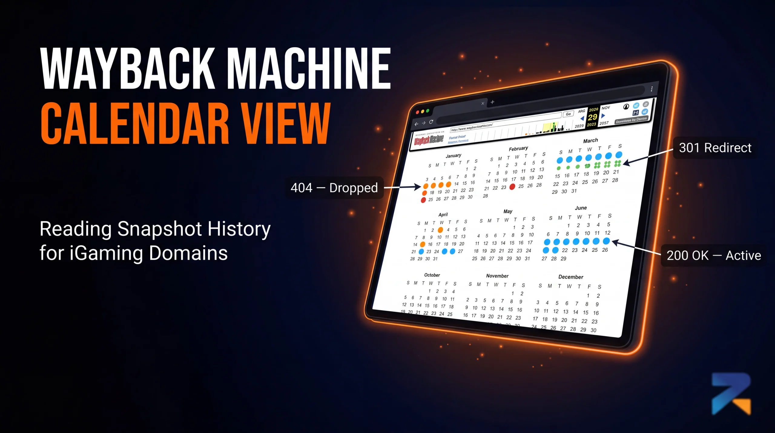 Wayback Machine calendar view showing HTTP status colors for aged domain vetting — iGaming SEO