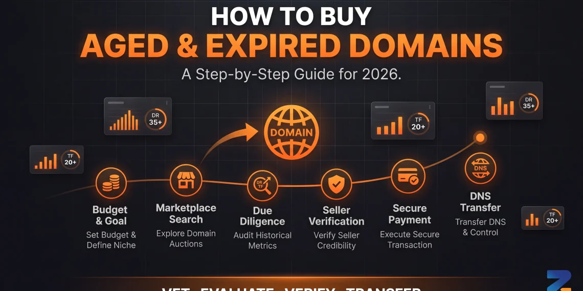 Step-by-step guide to buying aged or expired domains in 2026 — from vetting to DNS transfer
