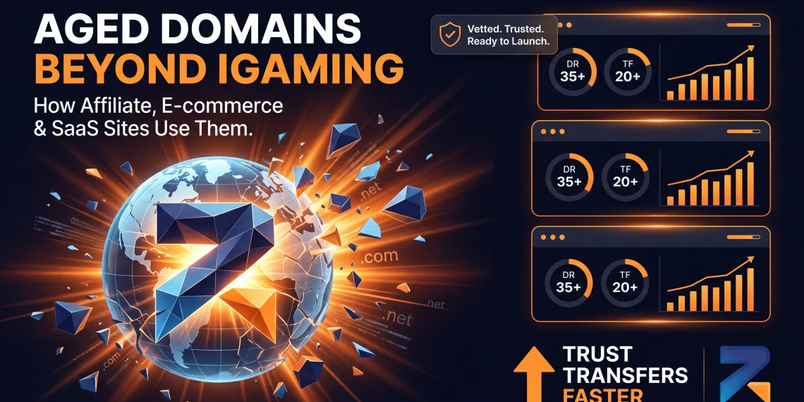 Aged domain SEO dashboard showing growth metrics for affiliate, e-commerce, and SaaS sites beyond iGaming