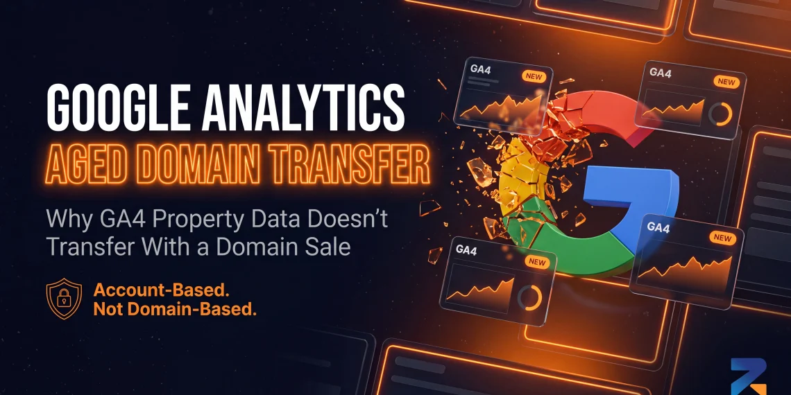 Article banner illustration explaining why an old Google Analytics property cannot be transferred when buying or selling an aged domain.