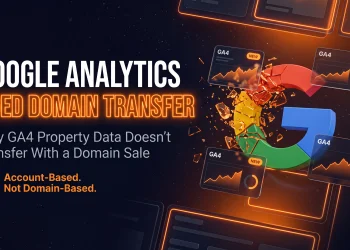Article banner illustration explaining why an old Google Analytics property cannot be transferred when buying or selling an aged domain.