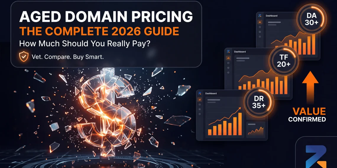 Aged domain pricing guide 2026 — banner showing domain valuation metrics and cost tiers