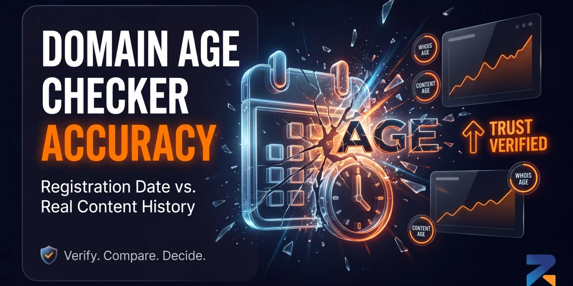 Banner illustration: Domain Age Checker Tool Accuracy – analyzing the accuracy of domain registration age (WHOIS) versus the domain's active content history.