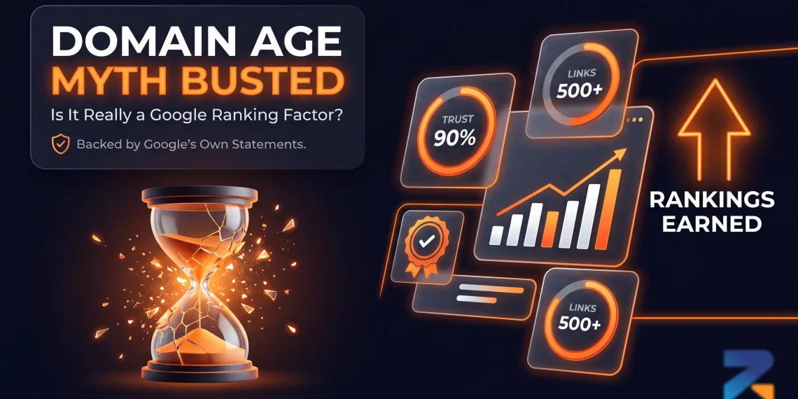 An illustration of the myth that domain age is a Google ranking factor, an SEO dashboard with trust scores and backlinks