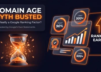 An illustration of the myth that domain age is a Google ranking factor, an SEO dashboard with trust scores and backlinks