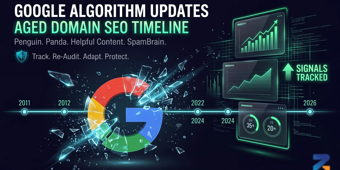 Timeline illustration of Google algorithm updates — Penguin, Panda, Helpful Content System, and SpamBrain — shaping aged domain SEO evaluation standards