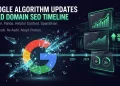 Timeline illustration of Google algorithm updates — Penguin, Panda, Helpful Content System, and SpamBrain — shaping aged domain SEO evaluation standards