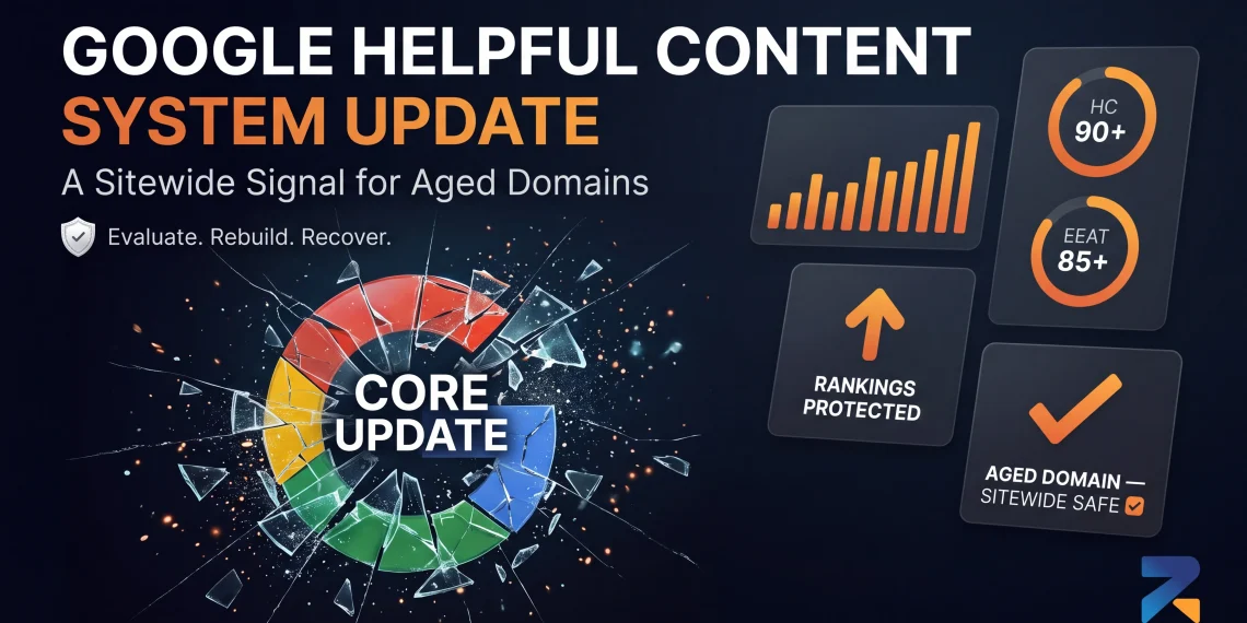 Google Helpful Content System sitewide signal illustrated with a shattering Google G logo and SEO ranking dashboards for aged domains
