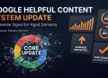 Google Helpful Content System sitewide signal illustrated with a shattering Google G logo and SEO ranking dashboards for aged domains