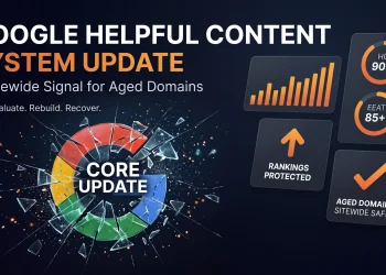 Google Helpful Content System sitewide signal illustrated with a shattering Google G logo and SEO ranking dashboards for aged domains