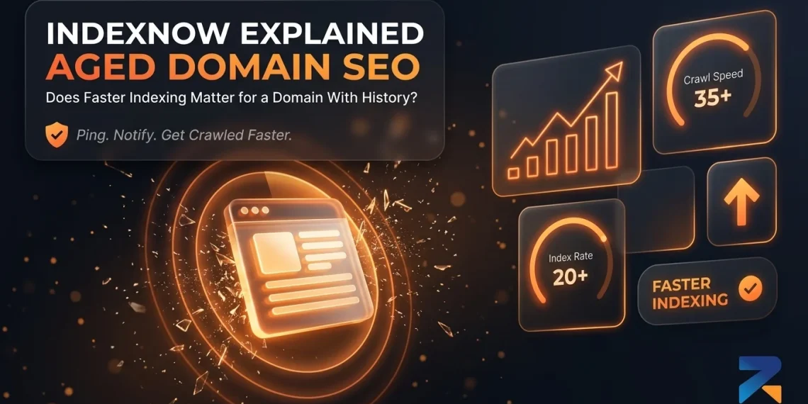 IndexNow explained for aged domains — instant indexing protocol banner by Rexusdomain