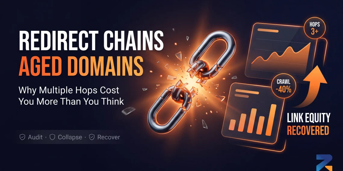 Illustration of a shattering link chain representing broken redirect chains on aged domains, dark banner with orange glowing dashboard graphics