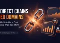 Illustration of a shattering link chain representing broken redirect chains on aged domains, dark banner with orange glowing dashboard graphics