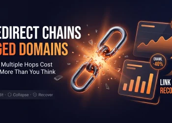 Illustration of a shattering link chain representing broken redirect chains on aged domains, dark banner with orange glowing dashboard graphics