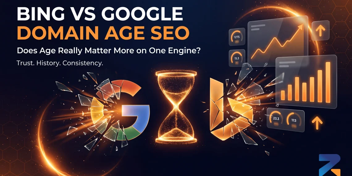 Split banner comparing Google and Bing logos shattering into glowing orange shards, illustrating whether domain age matters more for Bing SEO than Google SEO rankings