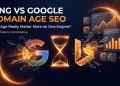 Split banner comparing Google and Bing logos shattering into glowing orange shards, illustrating whether domain age matters more for Bing SEO than Google SEO rankings