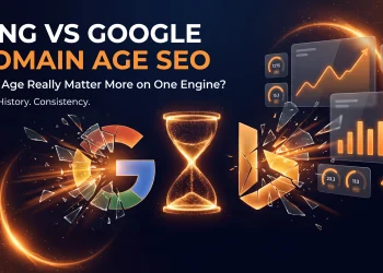 Split banner comparing Google and Bing logos shattering into glowing orange shards, illustrating whether domain age matters more for Bing SEO than Google SEO rankings