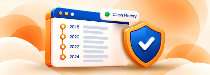A domain history timeline from 2018 to 2024 labelled clean history, with a blue shield and a check mark.