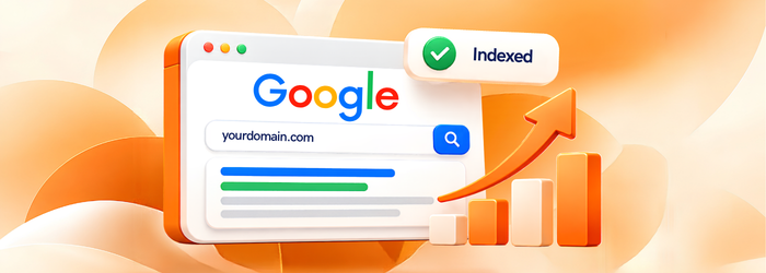 A Google search result for yourdomain.com labelled indexed, with a bar chart and a rising arrow.