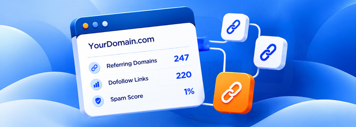 A domain metrics panel: 247 referring domains, 220 dofollow links, 1% spam score, with linked chain icons.